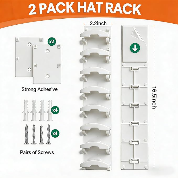 FAYYGYH Hat Organizer for Baseball Caps, 2 Pack Strong Adhesive Hat Rack for Wall, Multilayer Hat Storage Display Holder, Wall Mounted Hat Hooks Hold up to 16 Hats for Closet Door and Bedroom (White)