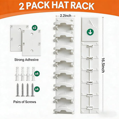 FAYYGYH Hat Organizer for Baseball Caps, 2 Pack Strong Adhesive Hat Rack for Wall, Multilayer Hat Storage Display Holder, Wall Mounted Hat Hooks Hold up to 16 Hats for Closet Door and Bedroom (White)
