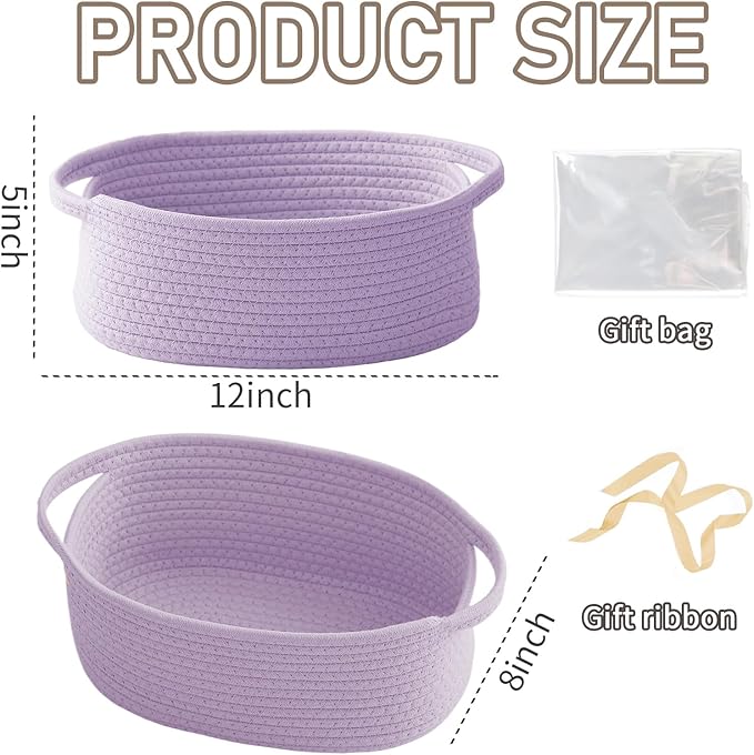 JMvicyroam Woven Basket,Small Rope Storage Bin with Handles & Ribbon Bag, Organizer for Shelves Closets,Gift Basket Empty for Birthday,Books,Dog Toys, Purple/3 Pack