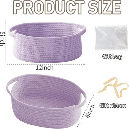 JMvicyroam Woven Basket,Small Rope Storage Bin with Handles & Ribbon Bag, Organizer for Shelves Closets,Gift Basket Empty for Birthday,Books,Dog Toys, Purple/3 Pack