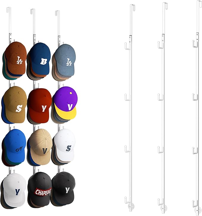 HapiRm Over Door Hat Rack - 3 Packs Hat Organizer with 12 Hooks Design, Hanging Baseball Cap Organizer Storage Holds Up to 60 Caps for Door, Bedroom, Closet (White)