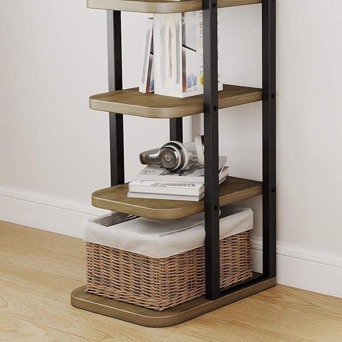 6 Tier Vertical Shoe Rack, Adjustable Shelves, Tall Wooden Narrow Shoe Rack with Hooks for Small Space Entryway Living Room