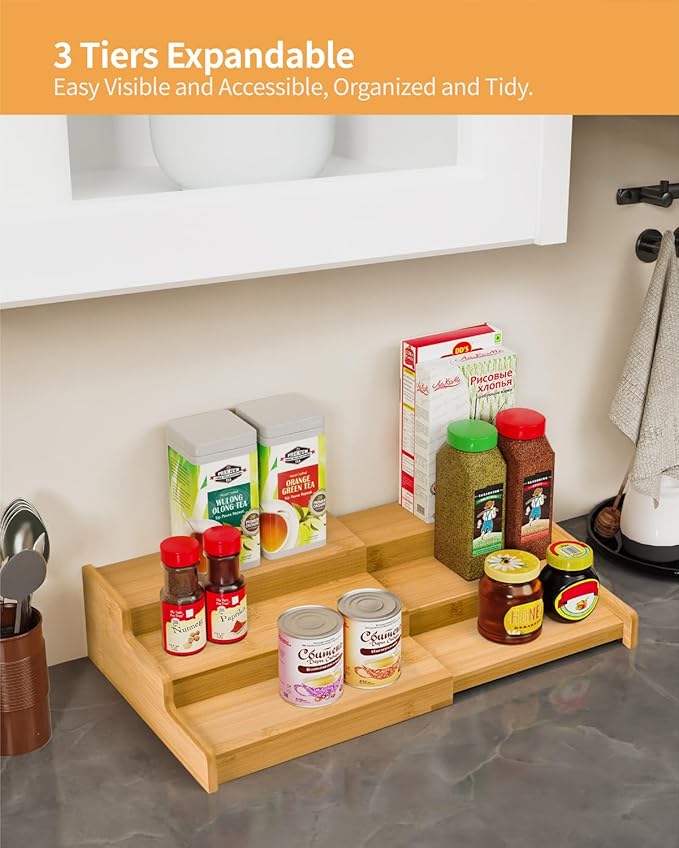 VenDotbi Spice Rack, 3-Tier Expandable Bamboo Spice Rack Organizer for Cabinet, Kitchen, Pantry and Cupboard Storage Organizer(2pack)