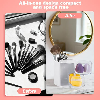 Hair Accessories Organizer with Hair Brush Holder, Rotatable Makeup Brush and Jewelry Storage Box for Hair Clips, Earrings, Necklaces, Bracelets, Rings, and Daily Accessories (White, 2-Layer)