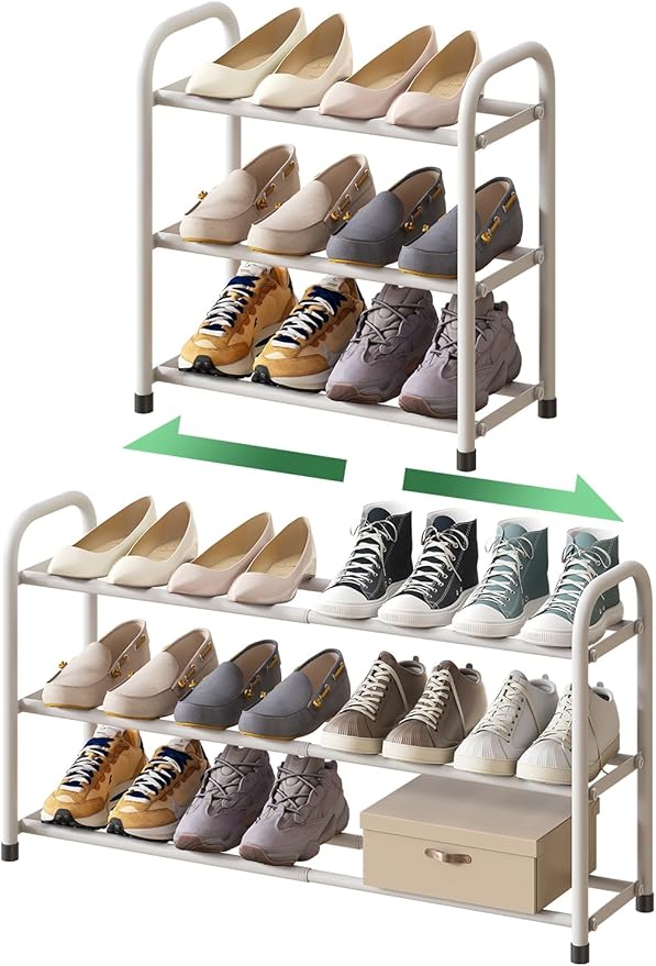 kiplant White Shoe Rack for Closet, 3-Tier Expandable Shoe Organizer for Closet, Metal Adjustable Black Shoe Shelf Storage Organizer, Free Standing Shoe Rack for Entryway Doorway
