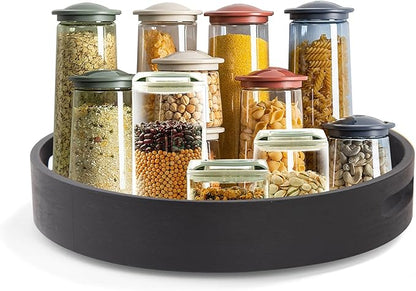 12in Black Bamboo Lazy Susan Turntable with Handle - Rotating Organizer for Table Top, Cabinet, Pantry & Kitchen | Spice & Seasoning Spinning Tray