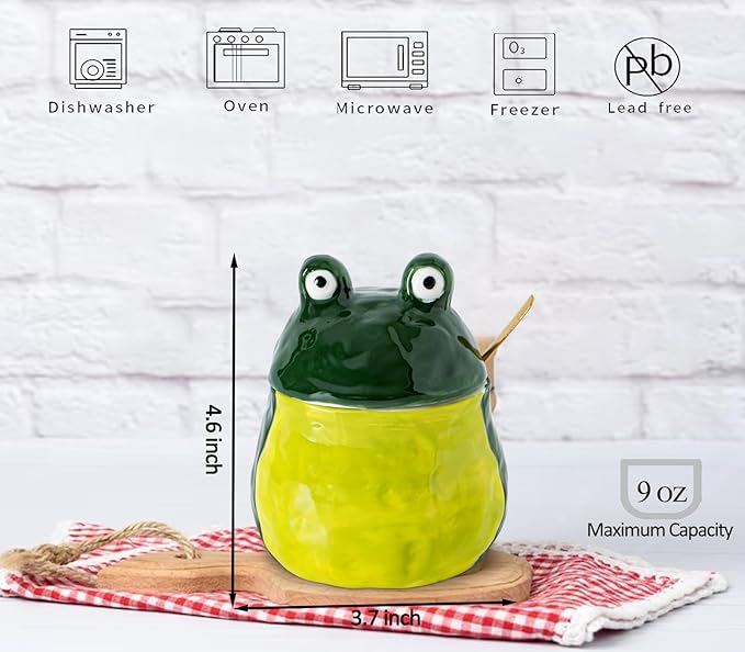 dgudgu Frog Salt Cellar With Lid And Spoon Ceramic Salt Container Green Salt Box Cute Salt Containers For Countertop– Elegant Salt Holder For Countertop
