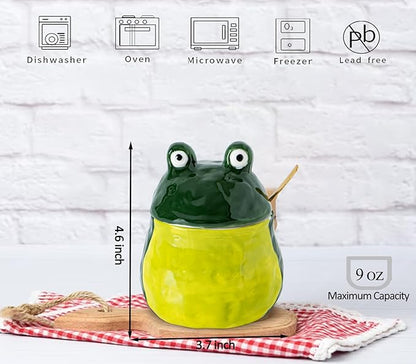 dgudgu Frog Salt Cellar With Lid And Spoon Ceramic Salt Container Green Salt Box Cute Salt Containers For Countertop– Elegant Salt Holder For Countertop