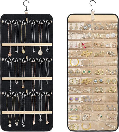 Tefola Hanging Jewelry Organizer, Double-Sided Necklace Organizer Jewelry Holder Organizer for Earrings, Necklaces Rings, Glasses, Sunglass Organizer for Closet, Wall, Door (Black, Large Size)