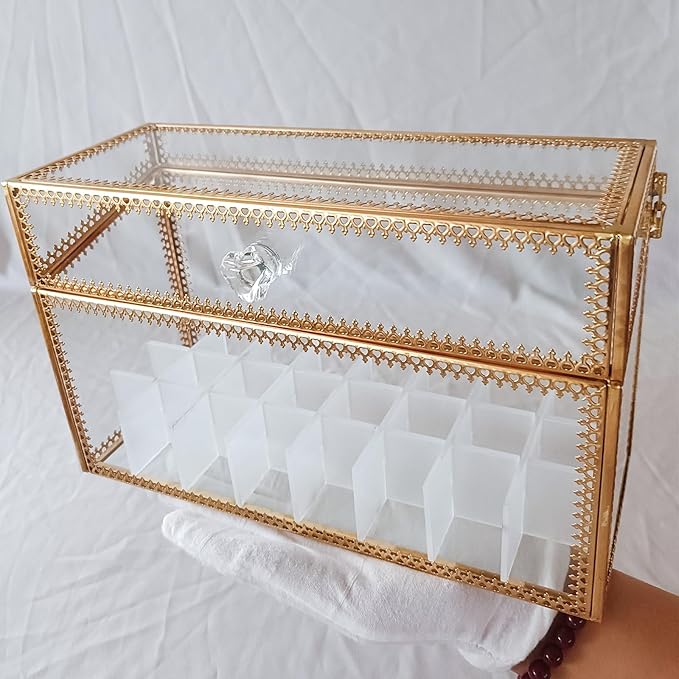 HighFree 24 Slots Glass Lipstick Organizer - Gold Vintage Transparent Display Box With Lid & Removable Dividers for Lip Gloss