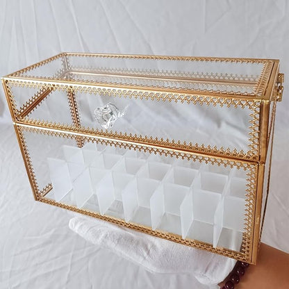 HighFree 24 Slots Glass Lipstick Organizer - Gold Vintage Transparent Display Box With Lid & Removable Dividers for Lip Gloss