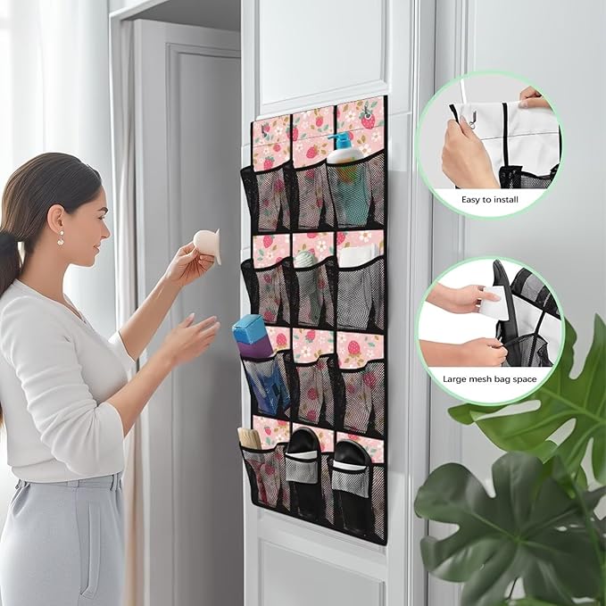 Strawberry Daisy Over The Door Shoe Organizer,12 Compartment Breathable Mesh Pocket Over the Door Hanging Shoe Organizer,Closet Shoe Organizer,Large Men's and Women's Shoe Organizer