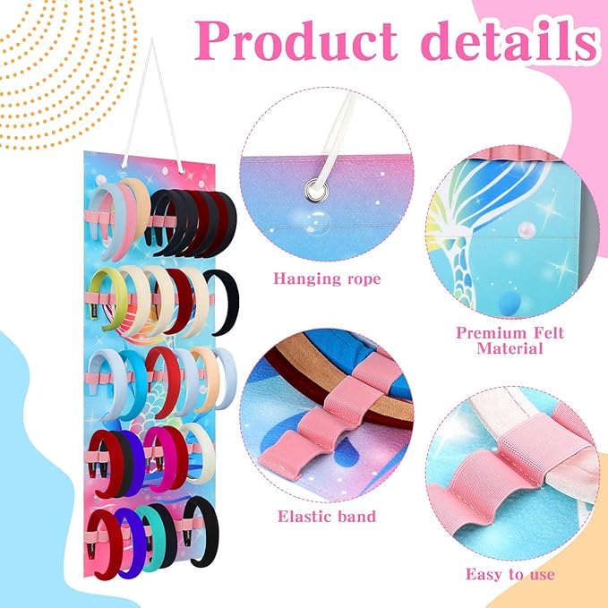 Tudomro Hanging Headband Holder for Girls Felt Hair Accessories Organizer with 60 Elastic Bands Bow Hanger for Girls Hair Bows Without Headbands(Bright Color,Mermaid)