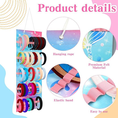 Tudomro Hanging Headband Holder for Girls Felt Hair Accessories Organizer with 60 Elastic Bands Bow Hanger for Girls Hair Bows Without Headbands(Bright Color,Mermaid)