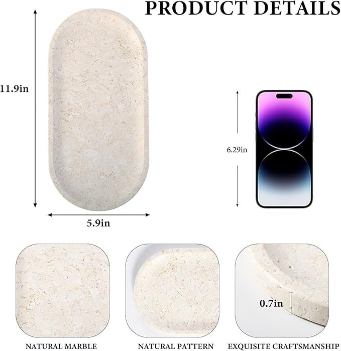 Koville Marble Tray for Bathroom Countertop, 12"x6" Beige Marble Vanity Storage Trays for Perfume, Cosmetics, Jewelry, Stone Tray for Kitchen, Decorative Trays for Dresser Organizer