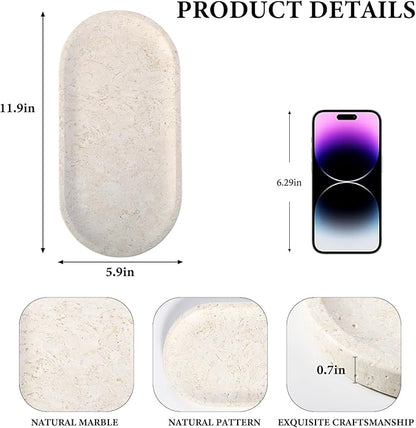 Koville Marble Tray for Bathroom Countertop, 12"x6" Beige Marble Vanity Storage Trays for Perfume, Cosmetics, Jewelry, Stone Tray for Kitchen, Decorative Trays for Dresser Organizer