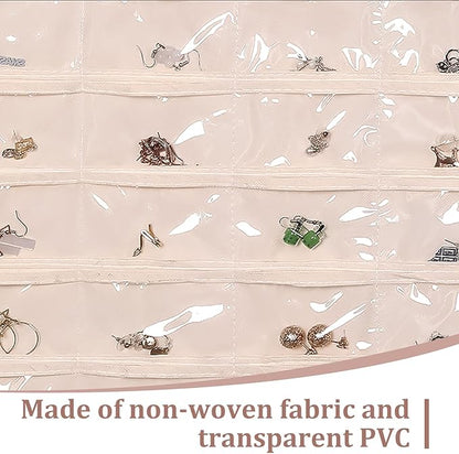 Hanging Jewelry Organizer Double Sided Necklace Storage Holder with 80 Clear Pockets Portable Necklace Holder Jewelry Bag for Earrings Necklace Bracelet (Beige 1PC)