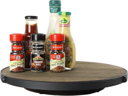 MyGift 15 Inch Lazy Susan Turntable Tray with Round Rustic Burnt Solid Wood Board and Black Metal Accent, Rotating Spice Rack Kitchen Countertop Organizer Home Decor