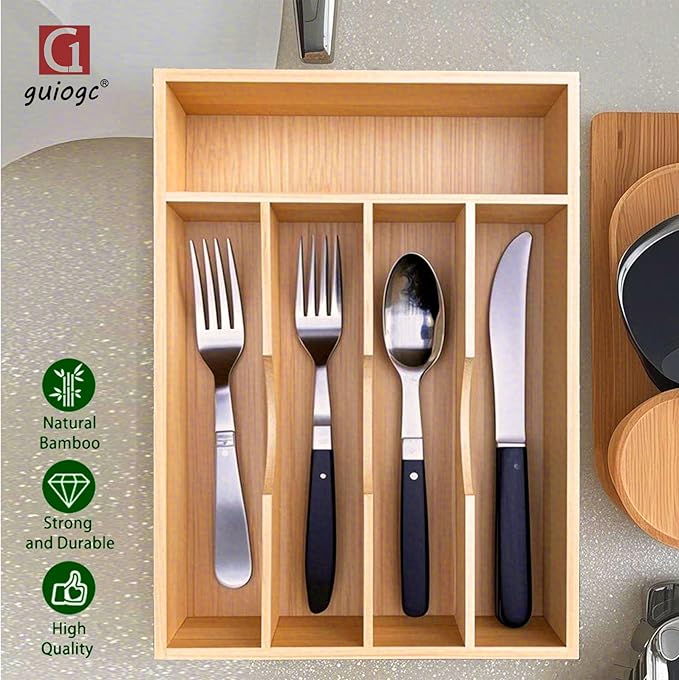 guiogc Bamboo Kitchen Drawer Silverware Organizer, 9 Inch Silverware Utensils Tray Holder for Small Drawer, Cutlery Tray, Wood Caddy for Flatware Cutlery Knives 5-Slots