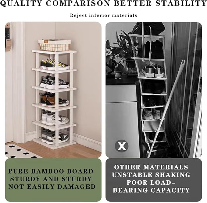 Bamboo Shoe Rack 12 Tier- Vertical Shoe Rack for Small Spaces, Tall Narrow Shoe Rack Organizer for Closet Entryway Corner Garage and Bedroom,Skinny Shoe Shelf with Free Stackable DIY White Storage