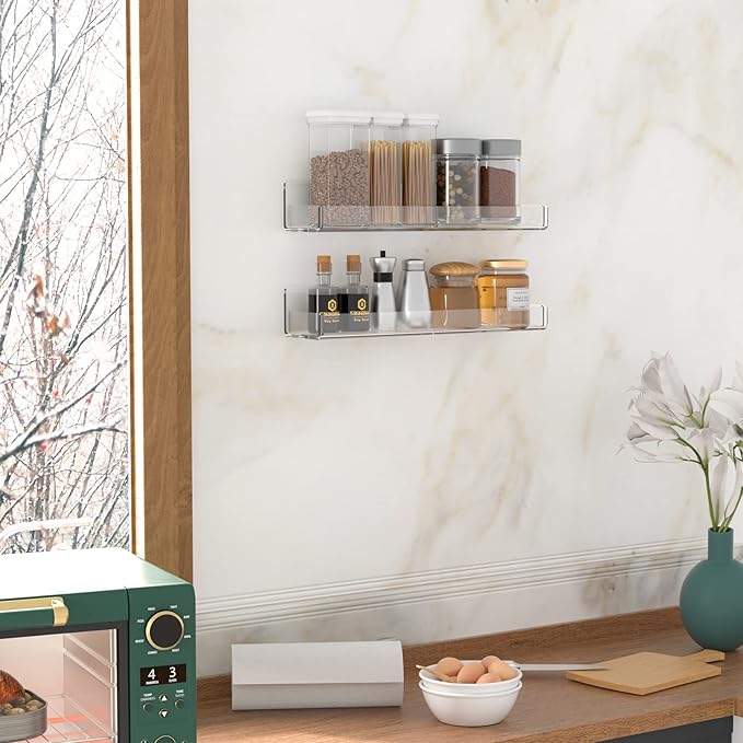 Sezanrpt Acrylic Spice Rack Wall Mount, Hanging Spice Shelf Racks for Seasonings, Kitchen Spice Jars Wall Organizer Storage Holder, 2 Pack