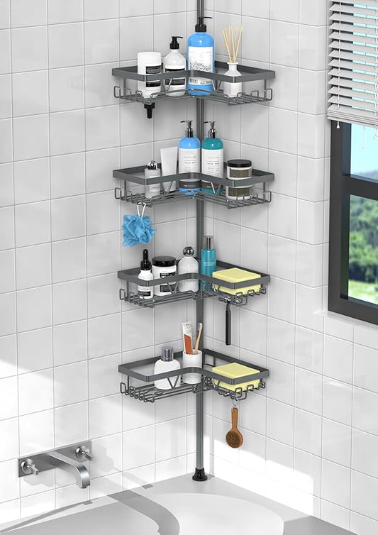 KEGII Corner Shower Caddy Tension Pole - Rustproof Tension Rod Organizer, Floor to Ceiling Shower Caddy 25-114.2 inch, Bathroom Storage Rack Corner Waterproof, Dark Gray