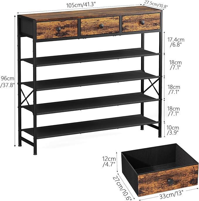 Shoe Rack, 5 Tier Shoe Organizer with 3 Drawers, Metal Shoe Storage for 24-30 Pairs of Shoes with Fabric Shelves and Wooden Top, Narrow Shoe Shelf for Closet Entryway Rustic Brown