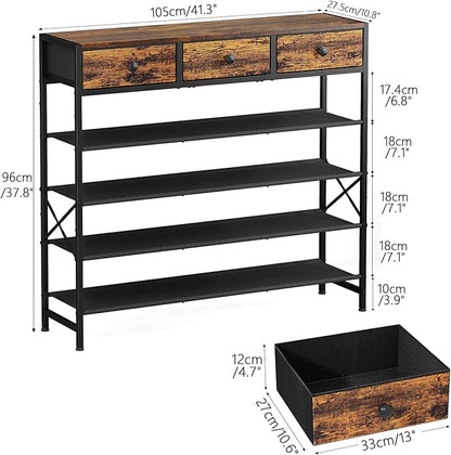 Shoe Rack, 5 Tier Shoe Organizer with 3 Drawers, Metal Shoe Storage for 24-30 Pairs of Shoes with Fabric Shelves and Wooden Top, Narrow Shoe Shelf for Closet Entryway Rustic Brown