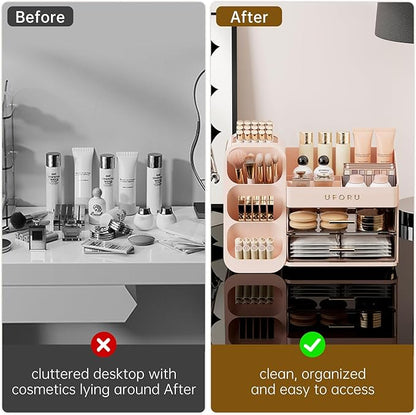 Makeup Organizer for Vanity with Brush Holder, Large Capacity Bathroom Countertop Skincare Organizer with 2 Drawers, Cosmetic Display Case for Perfumes, Eyeshadow Palettes, Nail Polishes