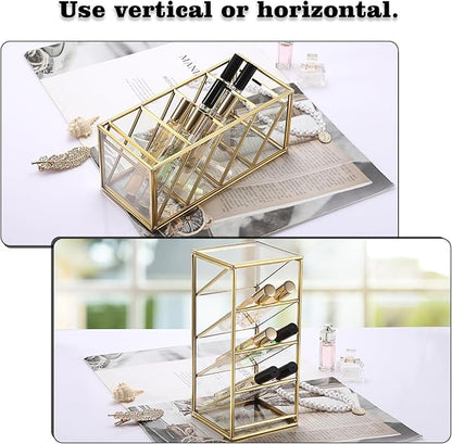 ELLDOO Rollerball Perfume Organizer, 4 Compartment Clear Glass Perfume Storage Holder Vintage Beauty Scent Holder, Metal Makeup Lipgloss Lipstick Display Case