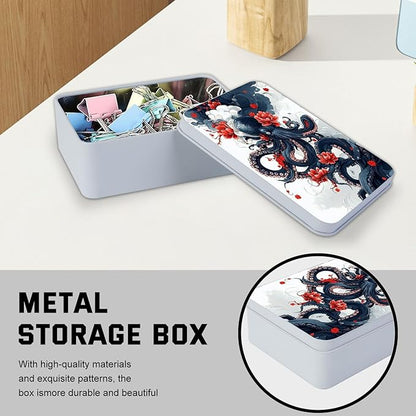 Metal Tin Box with Lid for Game Cards Home Organizer Candles Keys Crafts Storage - Equipped with 4 Magnetic Cord Clips，Octopus and Red Flower