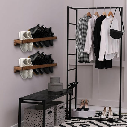 Wenqik 4 Pcs Wall Mounted Wooden Shoe Rack 30 Inch Rustic Wood Wall Hanging Shoe Rack Space Saving Footwear Holder Shoes Storage Organizer for Mudroom, Entryway, Closet (Burnt Wood)