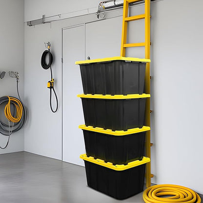 BLACK & YELLOW 27-Gallon Storage Bin with Snap-on Lid, Heavy Duty Plastic Storage Bins with Lid, Stackable, 6 Pack