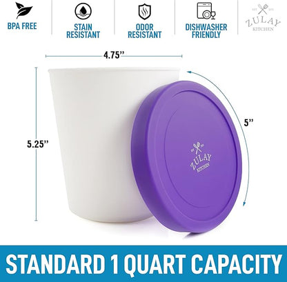 Zulay [2 Pack - 1 Quart Each] Large Ice Cream Containers For Homemade Ice Cream - Reusable Ice Cream Container Set with Lids - Ice Cream Pint Containers For Sorbet, Gelato, Frozen Yogurt (Purple)