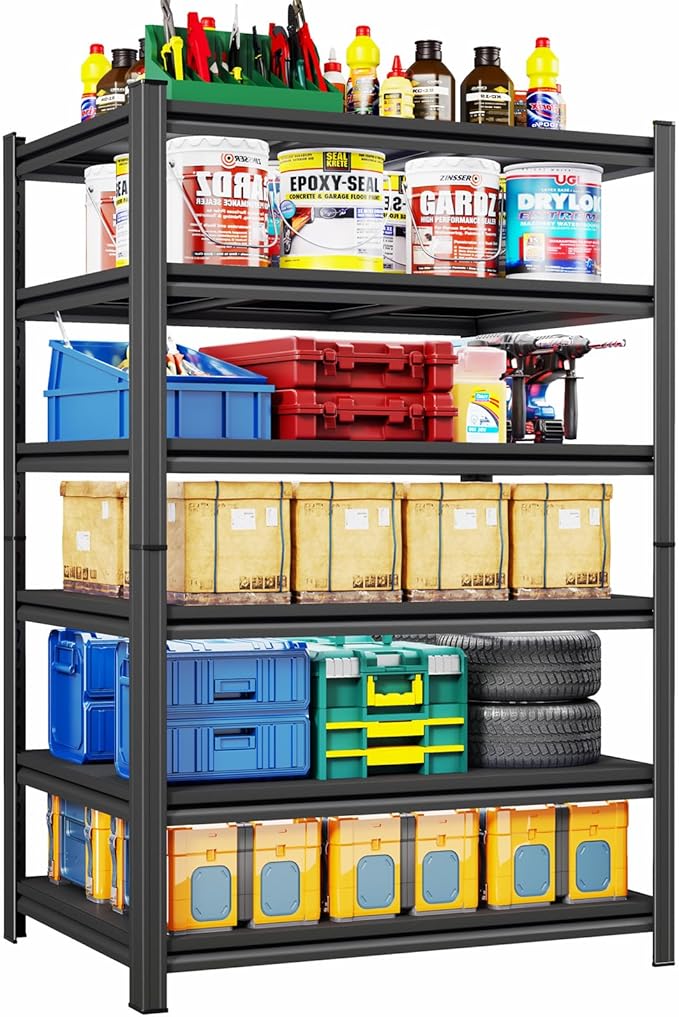 6-Tier Heavy Duty Shelving Unit, Garage Storage Shelves, Adjustable Shelf, 3000lbs Capacity, 45 Inch Wide Metal Storage Rack for Garage, Basement, Pantry, Kitchen, 77" H x 45" W x 18" D, Black