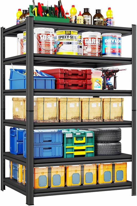6-Tier Heavy Duty Shelving Unit, Garage Storage Shelves, Adjustable Shelf, 3000lbs Capacity, 45 Inch Wide Metal Storage Rack for Garage, Basement, Pantry, Kitchen, 77" H x 45" W x 18" D, Black