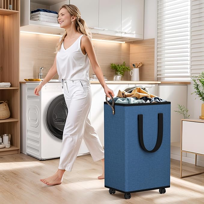 SpaceTrove Laundry Basket with Wheels, Collapsible Laundry Baskets, Laundry Hamper with Handles Detachable Wheels, Rolling Laundry Basket, Dirty Clothes Hamper for Bathroom, Dorm, Bedroom, Navy, 80L