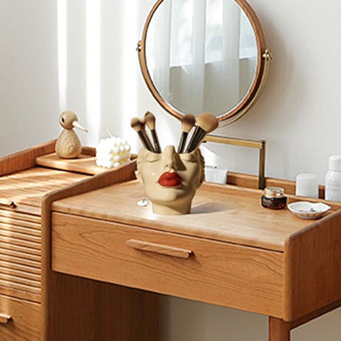 Women's Head Shape Boho Feminist Decoration, Minimalist Statue Storage Decor Face Makeup Brush Holder, Modern Statue Storage Makeup for Table Shelf Living Room Office (Beige 5.90 * 4.72 * 3.15in)