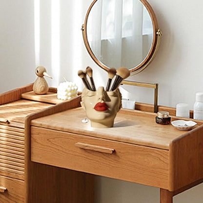 Women's Head Shape Boho Feminist Decoration, Minimalist Statue Storage Decor Face Makeup Brush Holder, Modern Statue Storage Makeup for Table Shelf Living Room Office (Beige 5.90 * 4.72 * 3.15in)