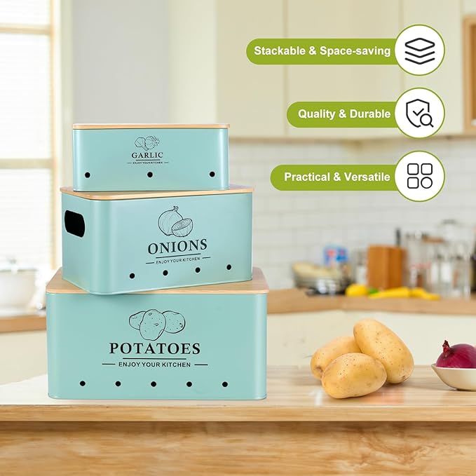 Kitchen Vegetable Storage Set of 3, Metal Onion Garlic Potato Storage Set, Kitchen Canisters Vegetable Keeper Containers with Aerating Holes and Wooden Lid (Blue)