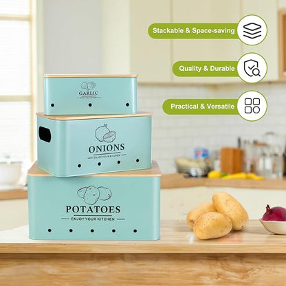 Kitchen Vegetable Storage Set of 3, Metal Onion Garlic Potato Storage Set, Kitchen Canisters Vegetable Keeper Containers with Aerating Holes and Wooden Lid (Blue)