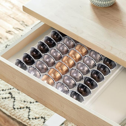 Sumerflos Clear Coffee Pod Holder Storage Tray 15.75" L x 12.6" W Compatible with Vertuoline Capsule, Drawer Insert Organizer Holds 50 Pods Counter Organizer of Kitchen, Home, Office