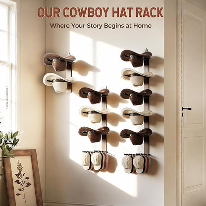 Cowboy Hat Rack for Wall, Cowboy Hat Holder Wall Mount Holds up to 6 Hats, Wooden Western Rustic Metal Hat-Organizer with Arrow Sign Board, Display and Decor Rack for Fedora, Sun Hats,Baseball Caps