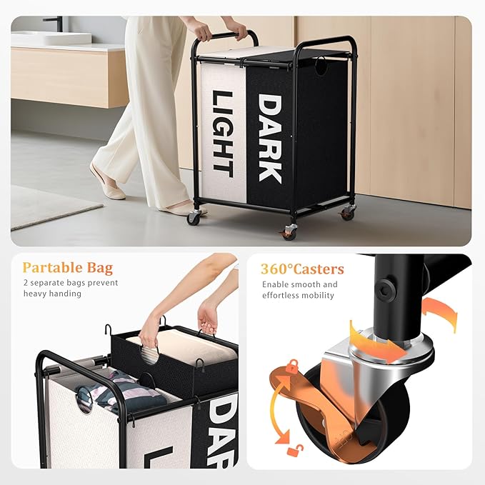 120L (31.7 Gal) Laundry Sorter 2 Section, Rolling Laundry Basket with Lockable Wheels and Lid, Laundry Hamper with 2 Separated Removable Bags Dirty Clothes Hamper for Laundry Room, Multicolored