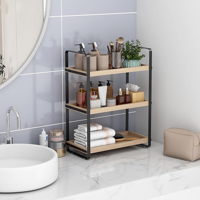 HNRLOY Bathroom Counter Organizer,Bathroom Countertop Organizer,Counter Shelf,Countertop Storage,Organization and Storage,Makeup Shelf,Sink Caddy(Burlywood 3 Tier)