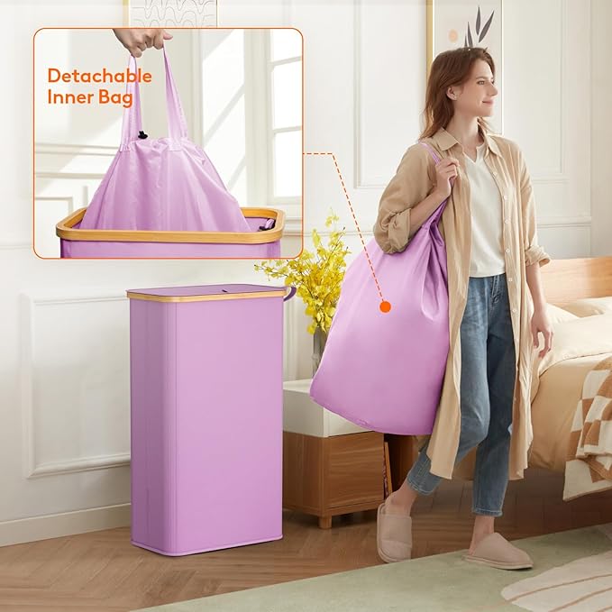 Lifewit 65L Slim Laundry Hamper with Lid, Narrow Laundry Basket with Removable Bag & Bamboo Handles, Fodable Thin Dirty Clothes Hamper for Laundry Collapsible Bin for Bathroom Bedroom Dorm, Purple