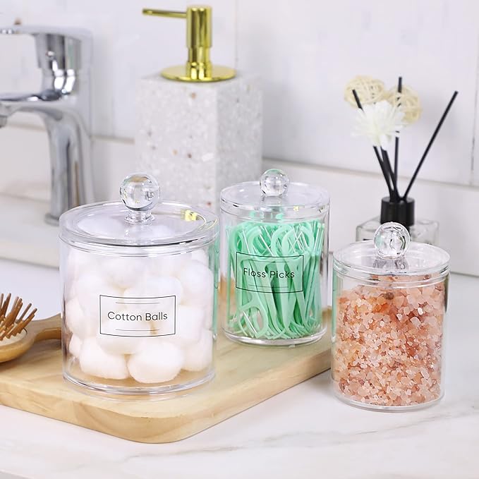 3 Pack Qtip Holder Dispenser for Cotton Ball, Cotton Swab, Cotton Round Pads, Floss - 20OZ & 10 oz Clear Plastic Apothecary Jar Set for Bathroom Canister Storage Organization, Vanity Makeup Organizer