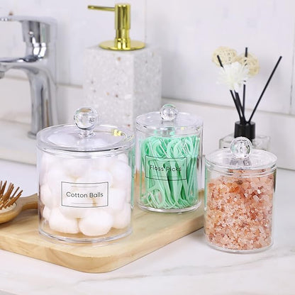 3 Pack Qtip Holder Dispenser for Cotton Ball, Cotton Swab, Cotton Round Pads, Floss - 20OZ & 10 oz Clear Plastic Apothecary Jar Set for Bathroom Canister Storage Organization, Vanity Makeup Organizer