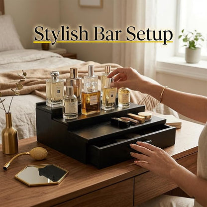 3 Tier Cologne Organizer for Men with Drawer – Solid Wood Perfume Stand Organizer, Wooden Cologne Display Shelf for Dresser, Countertop cologne storage Rack, Mens Cologne Holder, Bathroom Vanity Organizer