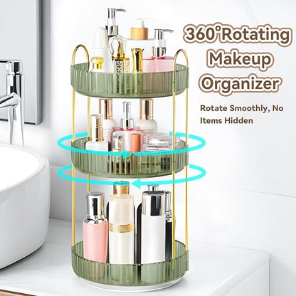 360° Rotating Makeup Organizer for Vanity, 3 Tier Perfume Organizers Skincare Organizers and Storage for Bathroom Countertop, Spinning Cosmetic Organizer for Bedroom Dresser Counter (Green)